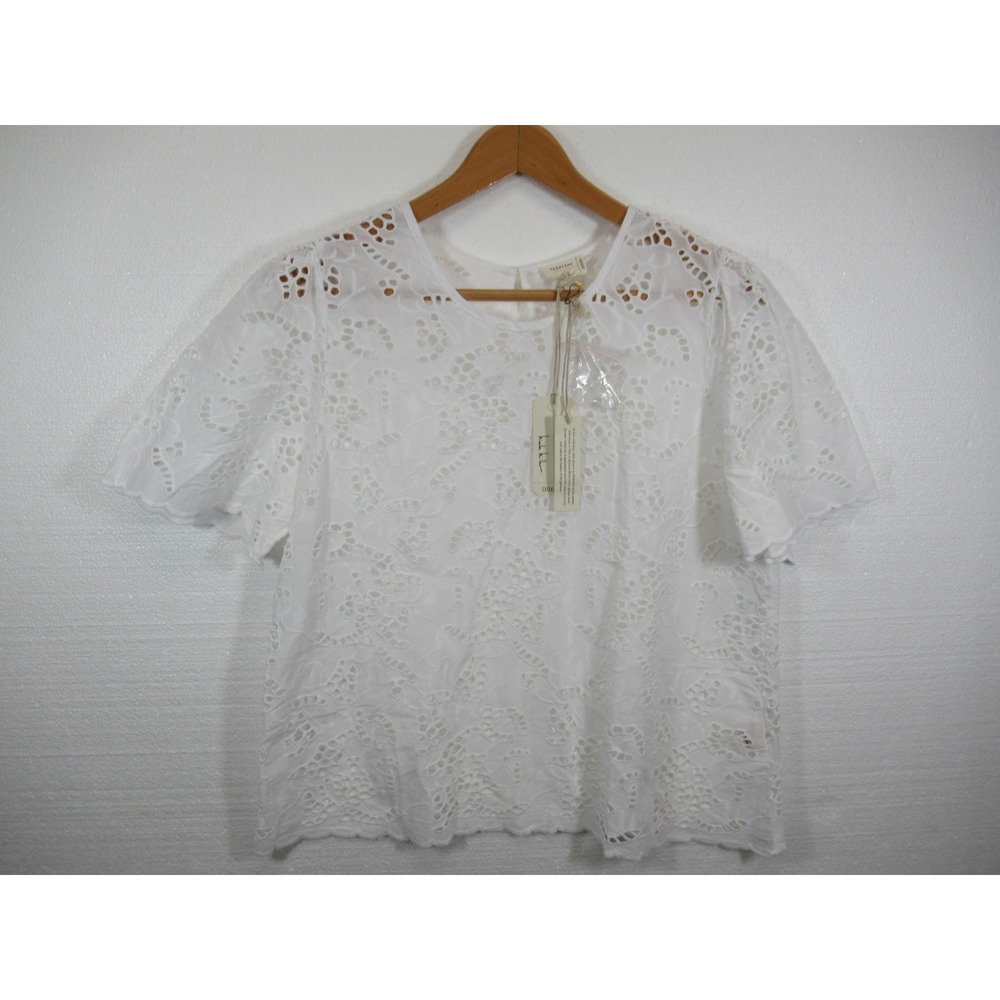NEW Nicole Miller Embroidered Eyelet Artelier Blouse Women Large White Cotton